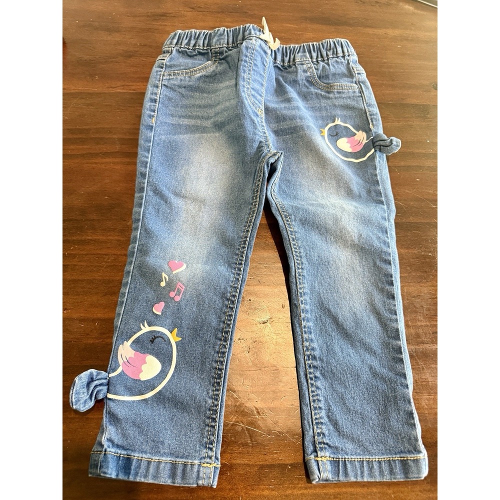 Baby Go Girls Light Denim Jeans Bird Print Elastic Waist Blue Size 2T EU 92